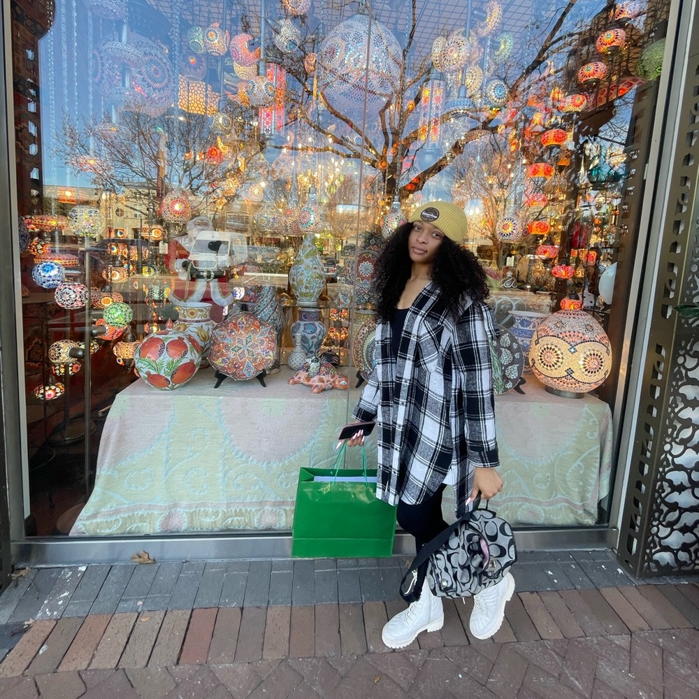 long patterned coat with hood